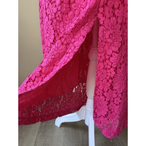 Zara Lace Halter Dress Womens Medium Pink Fuchsia Midi‎ Floral Open Back Pencil - Picture 5 of 16